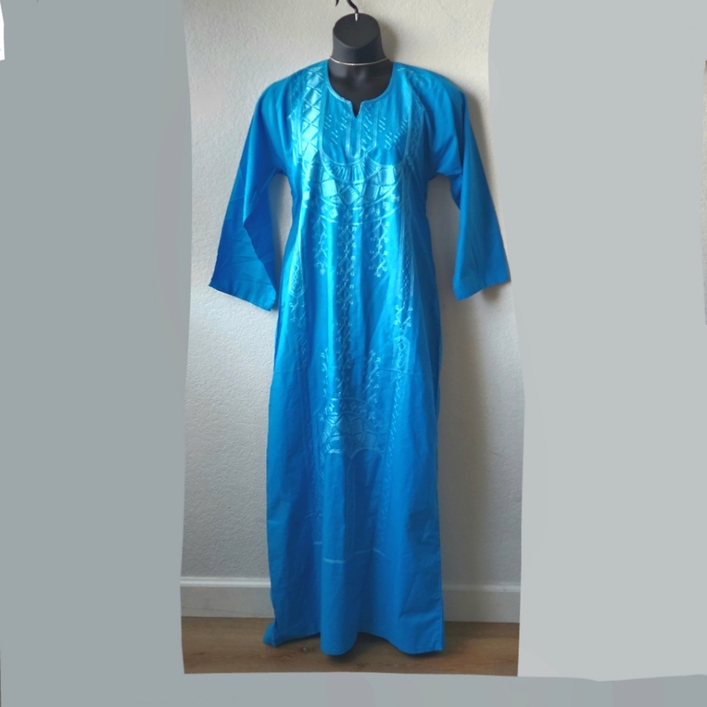 Vintage Blue Cotton Embroidered Handmade Kaftan Gown Plus Size XL NWOT